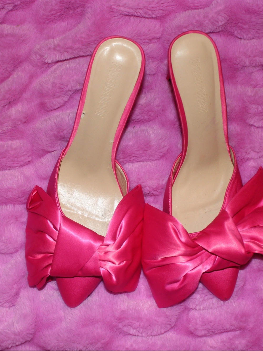 Pointed Satin Bow Slip-On Mules in Hot Pink